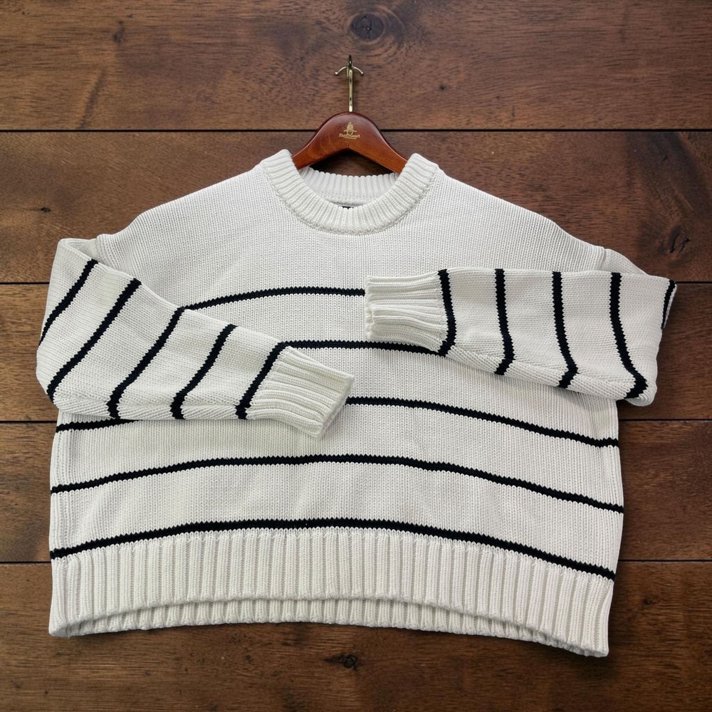 NEW Quince Womens Organic Cotton Striped Crew Sweater Ivory Black M Breton Knit